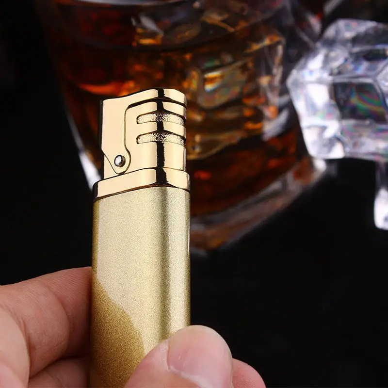 Металлические зажигалки, ветрозащитная газовая зажигалка, сигарная Бутановая Зажигалка, длинная полоска, портативная маленькая Зажигалка для сигарет, зеленое пламя
