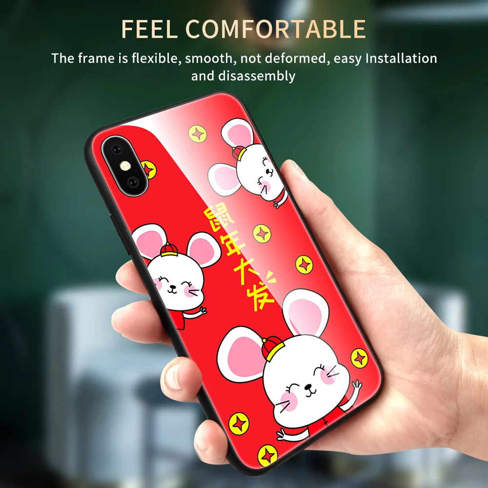 Cut Mouse Pattern Tempered Glass Case For iPhone 11 Pro Max X Xs Xr 8 7 6 6S Plus Red Back |
