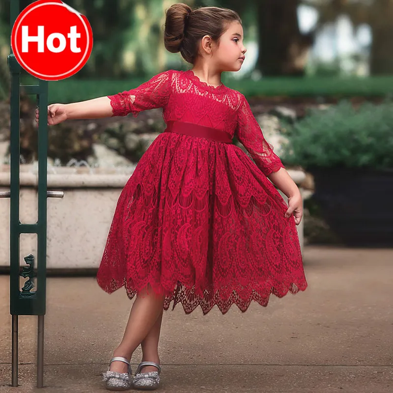 

Детские платья для девочек, Рождественская одежда костюм с кружевным вечерние и короткими рукавами элегантные красные платья для выпускного вечера, От 3 до 8 лет повседневная одежда для девочек