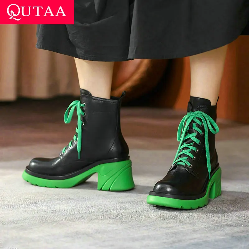 QUTAA 2022 Platform Lace Up Zipper Ankle Boots Square High Heel Round Toe Short Cow Genuine Leather Women Shoes Size 34-39 | Обувь
