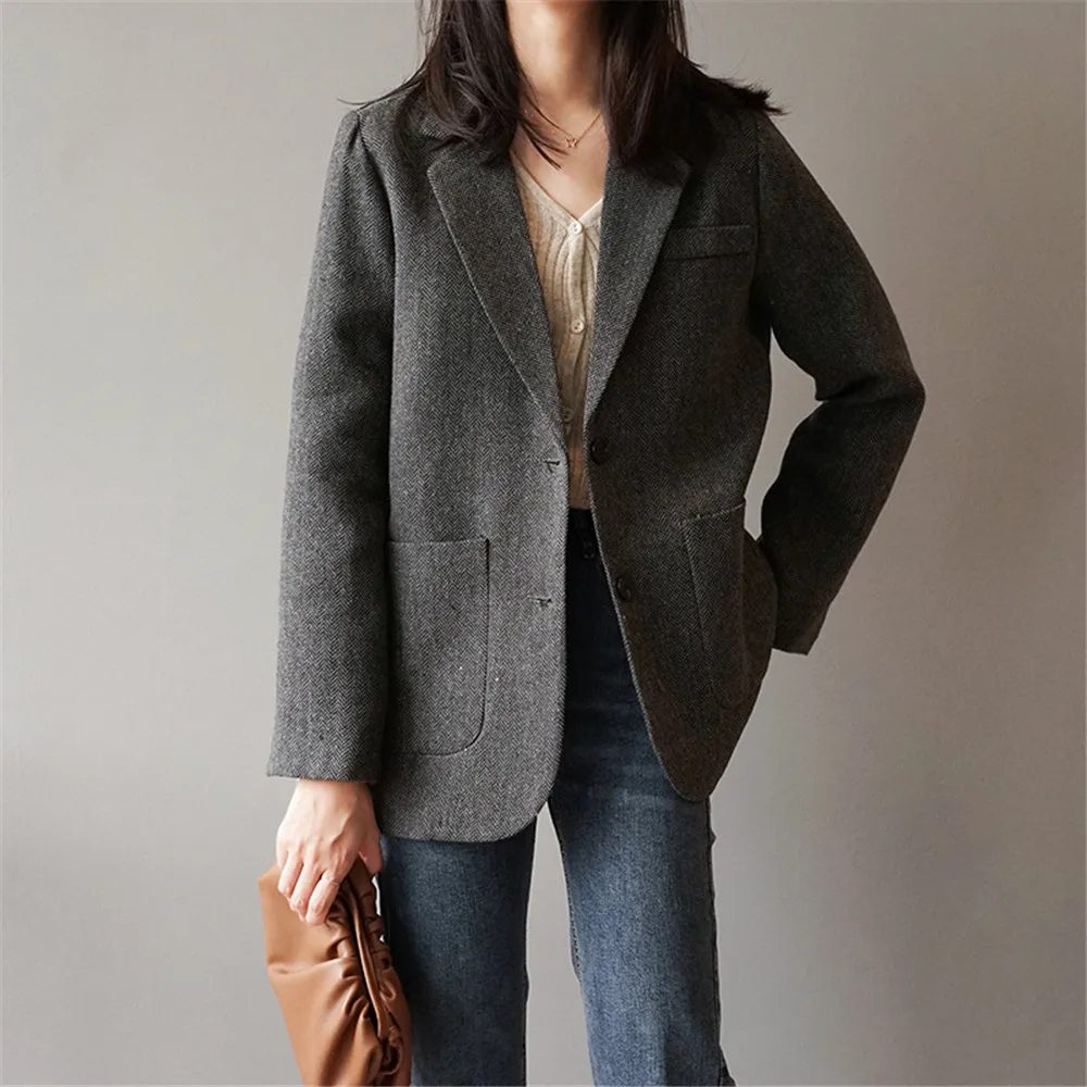 Женские блейзеры Femme, деловой женский пиджак и куртки, осенне-зимнее пальто с узором в елочку, свободный офисный блейзер для женщин