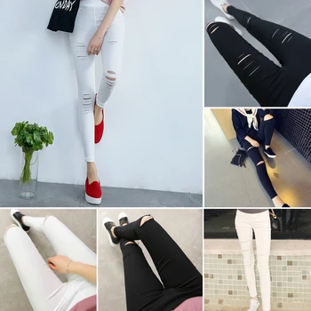 

Popular Out Slim Jeans Women Ripped-holes Pants High Waist Elastic Pencil Pants Street Grils Fashion Wearing Pant
