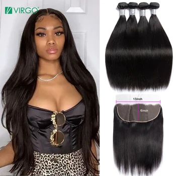 

Peruvian Straight Hair Bundles with Closure 13X6 Lace Frontal with Bundles 4 Pcs/lot Human Hair Bundles with Frontal Remy
