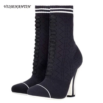 

Star Catwalk New Knitted Wool Lace-up Stripes Ladies Socks Boots Thick High-heeled Foreign Trade Large Size Sewing Elastic Boots
