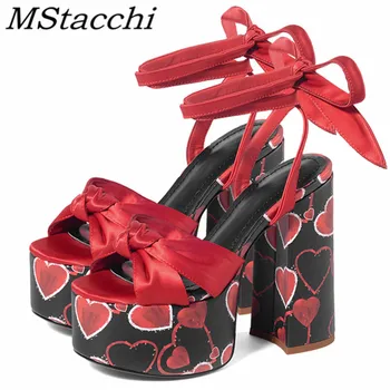 

MStacchi New Style Summer Sandals Women High Heels Thick Bottom Party Shoes Fashion Bowknot Cross-tied Peep Toe Women Shoes