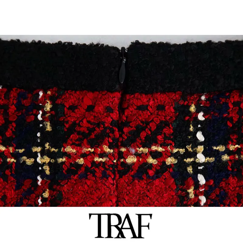 TRAF, Женская винтажная стильная клетчатая твидовая мини-юбка с карманами, модная трапециевидная Женская юбка на молнии сзади, повседневные женские юбки