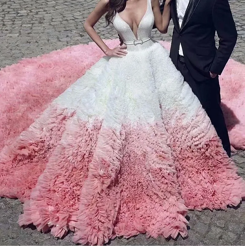 BacklakeGirls Newest Pink Tulle A Line V Neck Wedding Dresses Tiered Cathedral Train Backless Bridal Dress