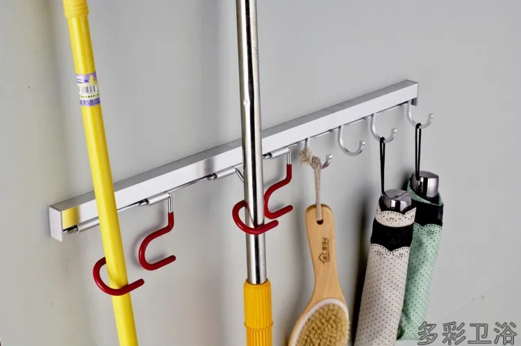 Factory Hot Sales Multi-functional Alumimum Mop Broom Dishcloth Rack with Hook Balcony Bathroom 2 Drag 2 Hanging