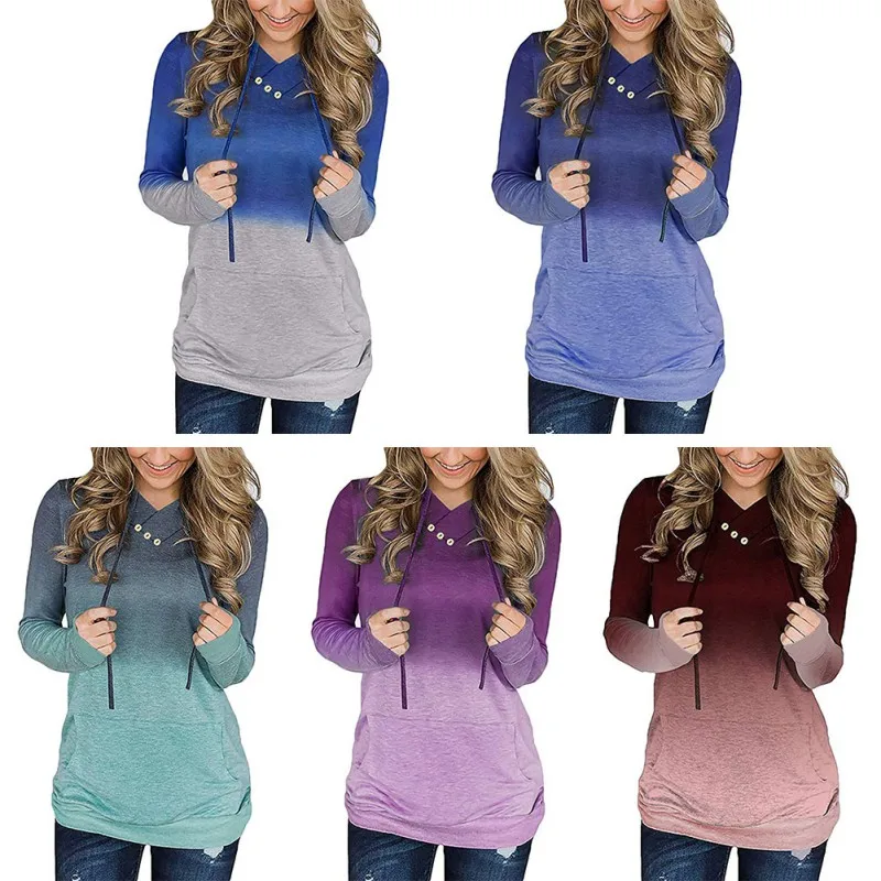 

Women Long Sweatshirt Pullovers Hoodied Solid Color Button Lace-Up Pocket Women 2019 New Autumn Winter Sweatshirt