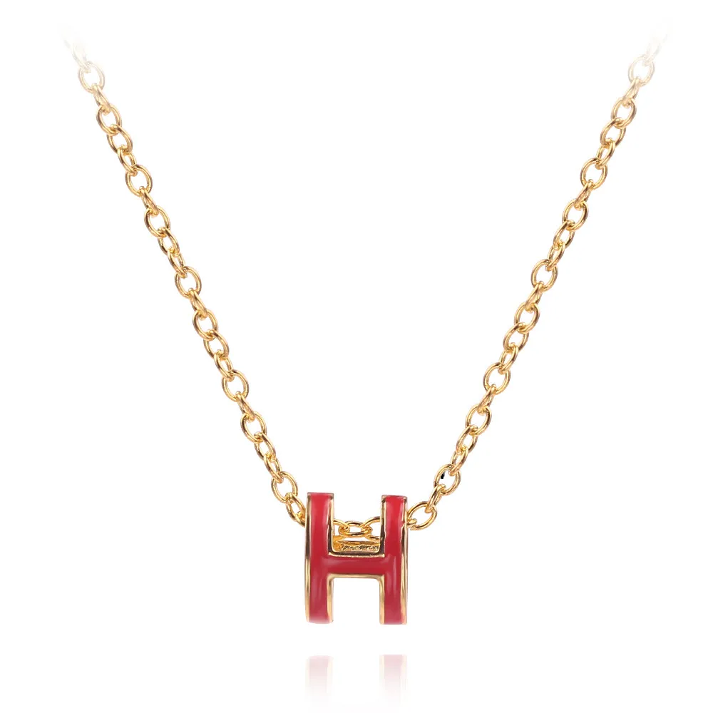 necklace Простые буквы H серьги-гвоздики гладкие золотые цвета Красная эмаль H женские ежедневные серьги ювелирные аксессуары - Окраска металла: necklace