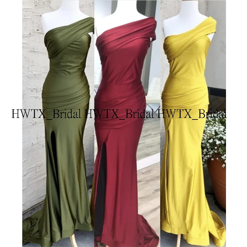 HWTX_Bridal, новинка, платья подружки невесты на одно плечо, сексуальные разрезы, длинное платье русалки для свадебной вечеринки, vestidos de fiesta de noche