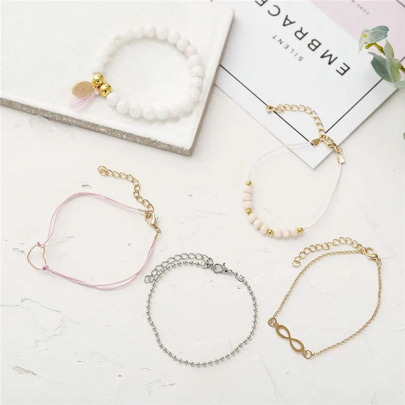 X-ROYAL 5 шт./компл. Стиль Бохо винтажные полые браслеты в форме кисточек в форме сердца женские модные браслеты с бусинами наборы с цепь с вытянутыми звеньями