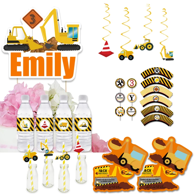 Строительный экскаватор торт Топпер коробки соломинки висит декор приглашения