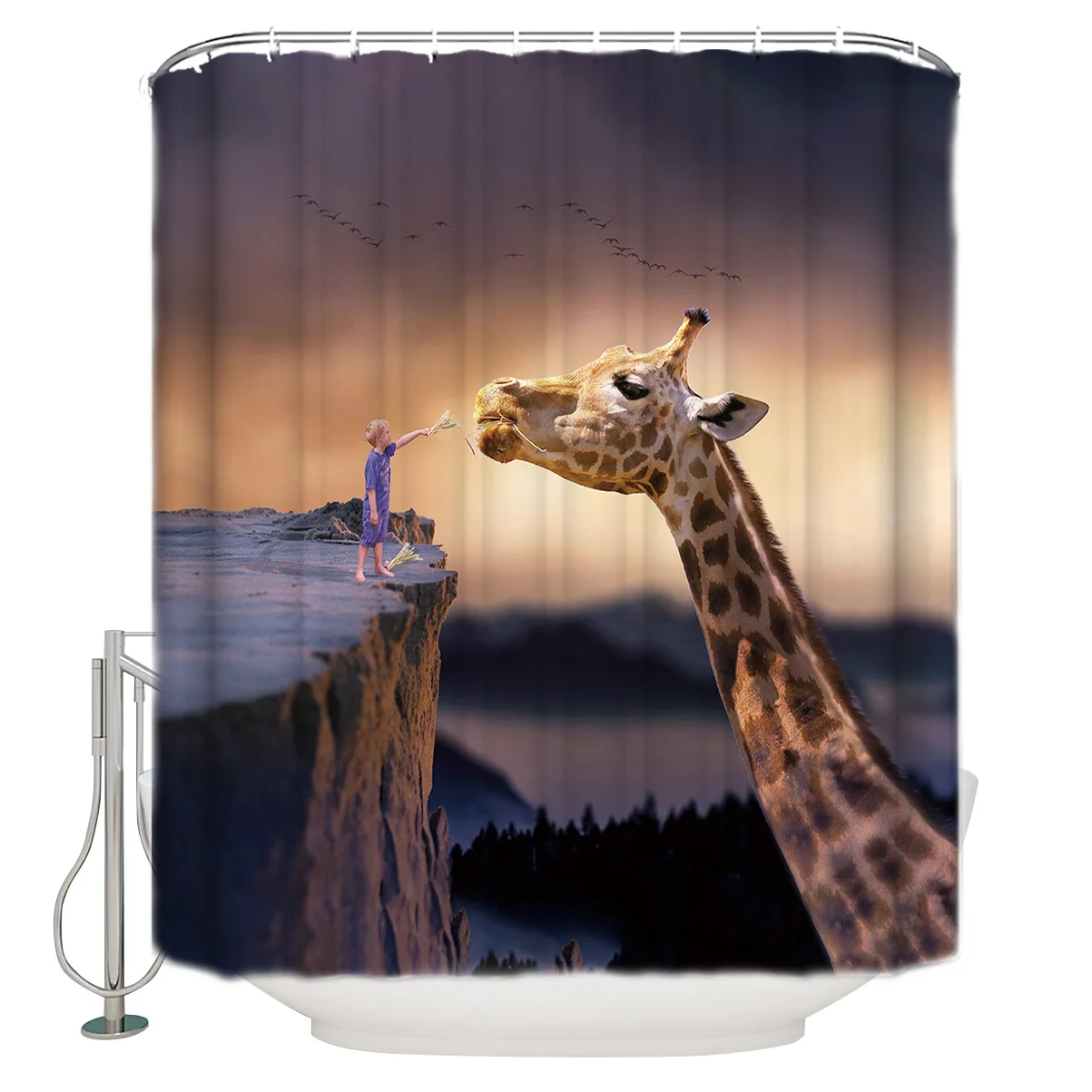 

Personality Animal Pattern Theme Shower Curtain Giraffe and Boy Peace Love