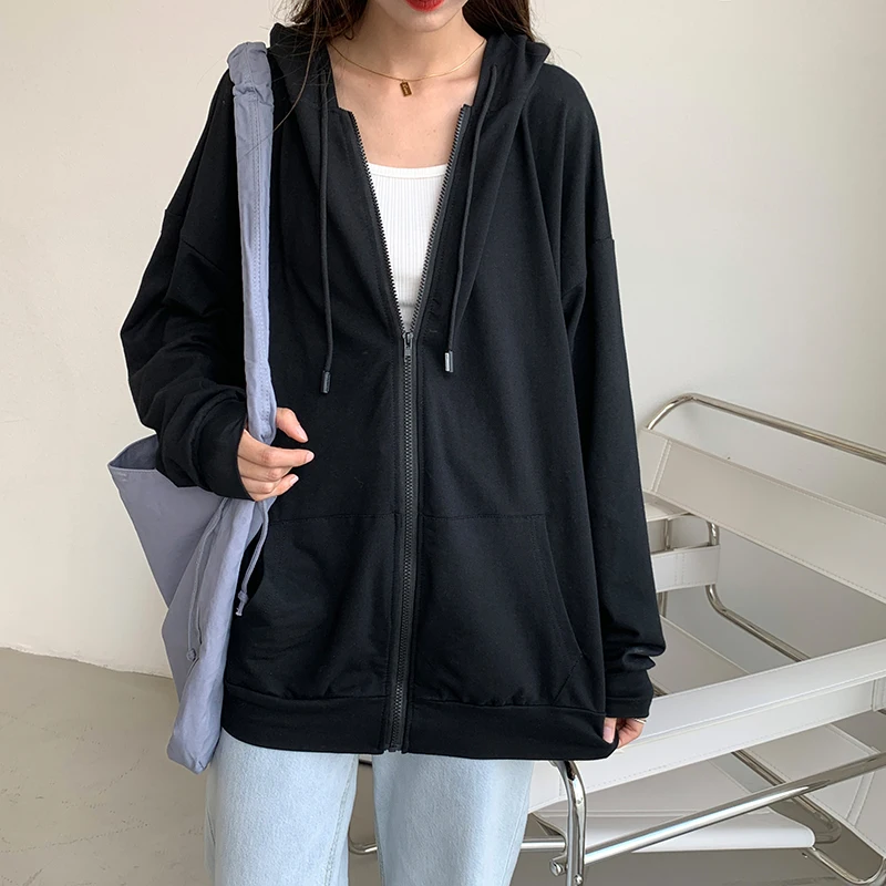 Harajuku Korean version loose thin long sleeved hooded sun protection coat solid color retro shirt student girl top