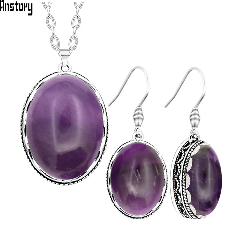 

Pure Stainless Steel Lapis Tiger Amethysts Necklace Earrings Sets Flower Pendant Vintage Look Natural Stone Fashion Jewelry Set