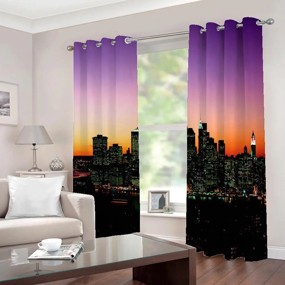 Night Great Busy Cirt By Sea 3D Blockout Mural Window Curtains Drapes 2 Panels 