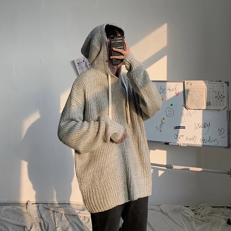 

2019 Winter Men's Fashion Gray Color Cashmere Knitting Male Coats Hat Long Sleeve Pullover Casual Clothes Woolen Sweater S-XL