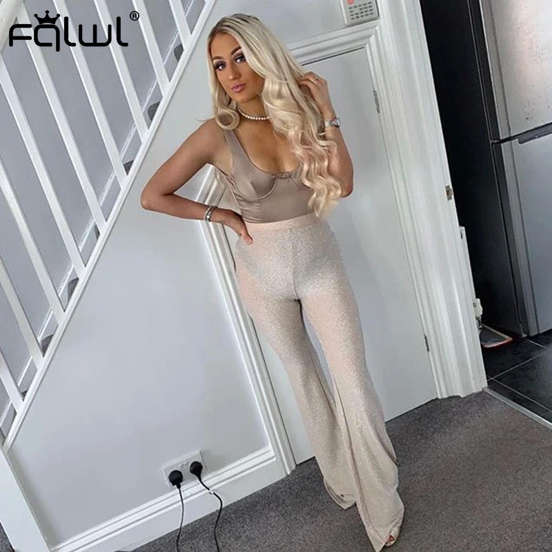 FQLWL Glitter Sexy Bodycon Pants Women Ladies Trousers Elastic High Waist Pants Female Autumn Flare Black White Skinny Pants