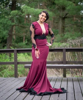 

YiMinpwp Burgundy Mermaid Prom Dresses Sheer Neck Backless Long Sleeve Sweep Train Appliques Illusion Formal Evening Party Gowns