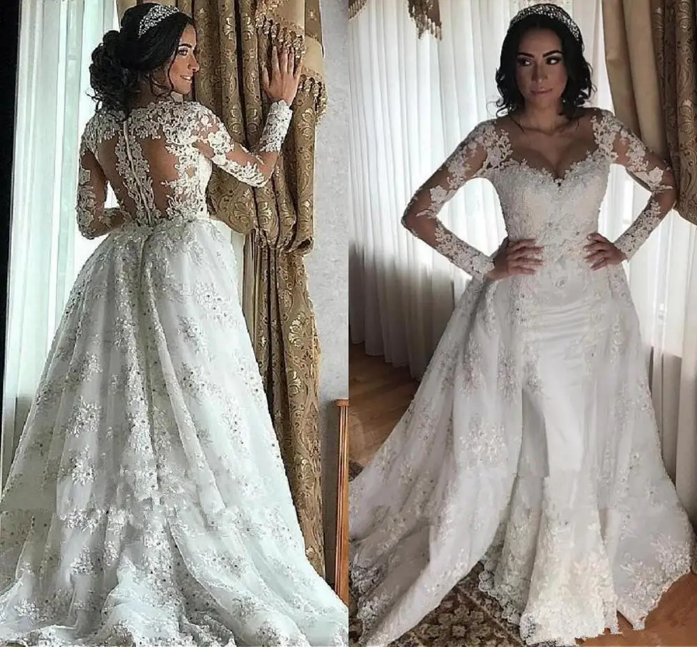 Robe de mariee кружевные свадебные платья оверюбки прозрачные длинные свадебные платья без рукавов Съемный шлейф плюс размер Vestidos De Novia