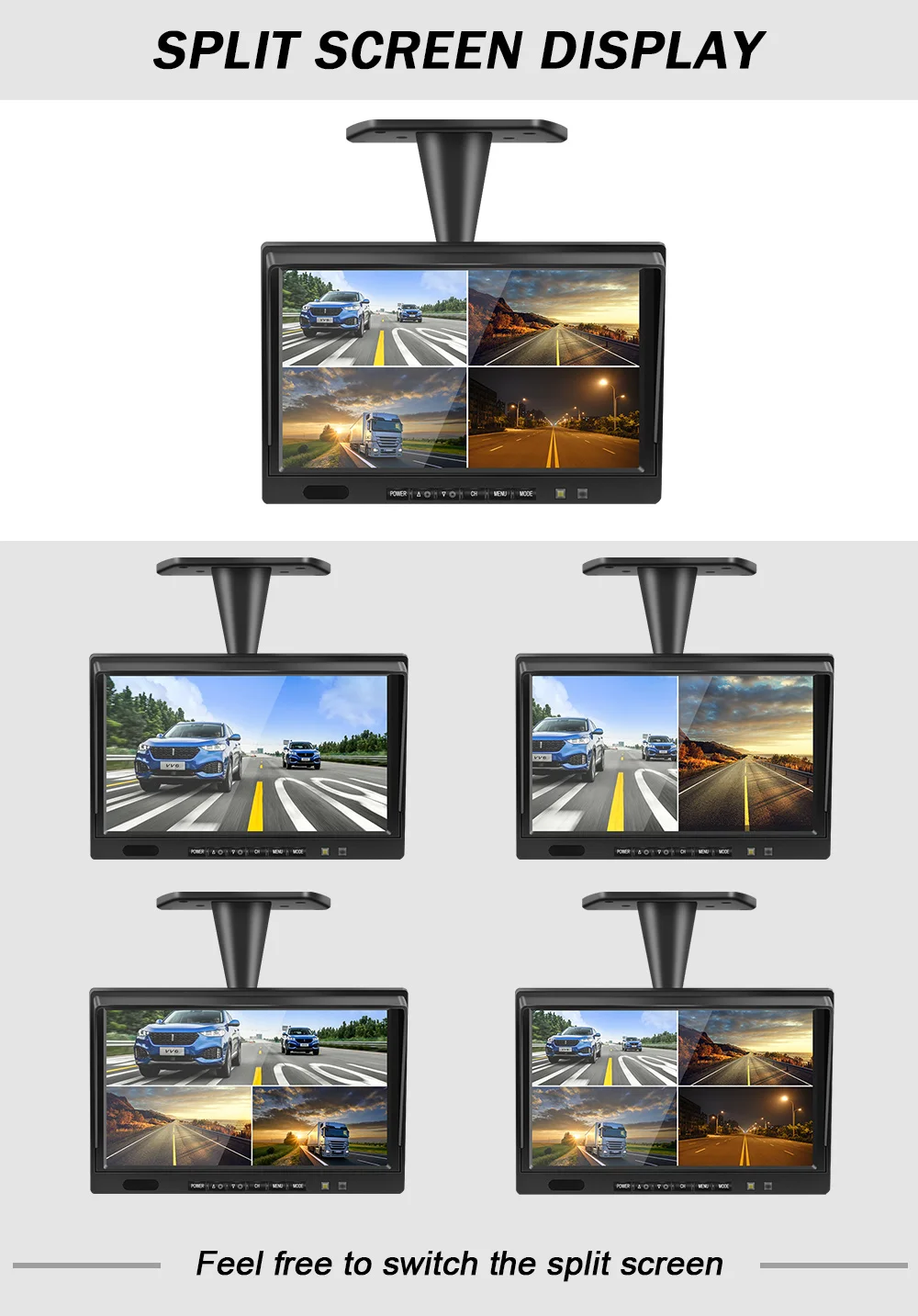 10.1 inch AHD 4ch Recorder DVR Car Monitor Vehicle Truck Night Vision Rear View Camera Security Surveillance Split Screen Quad
