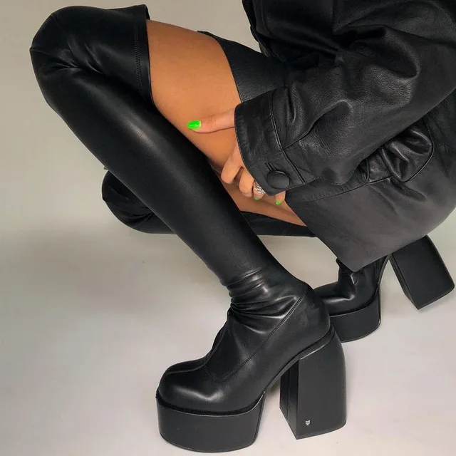 Plus Size 48 2021 Autumn New Sexy Party women's Knee High Boots Gothic Punk Chunky High Heels Platform Shoes Brand Long Boots 5