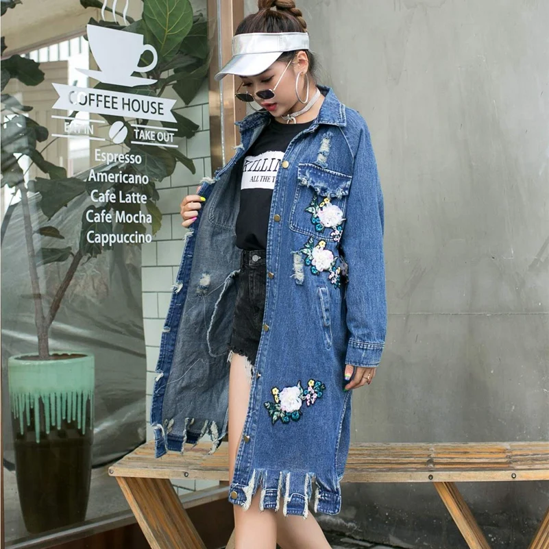 

SexeMara fashion The New Three-dimensional flower embroidery Washing water Loose Hole cowboy Windbreaker free shipping