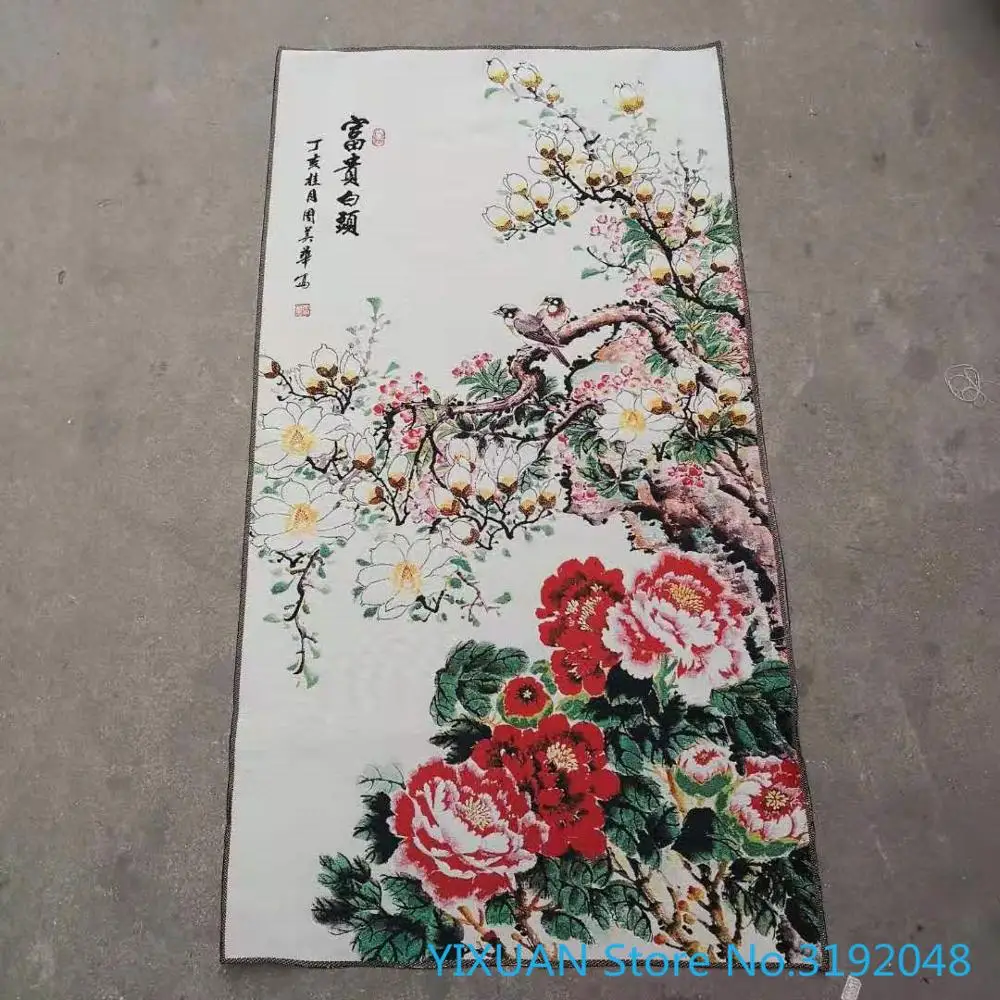 Цветная белая голова цветок и птица thangka парча Золотая шелковая ткань вышивка