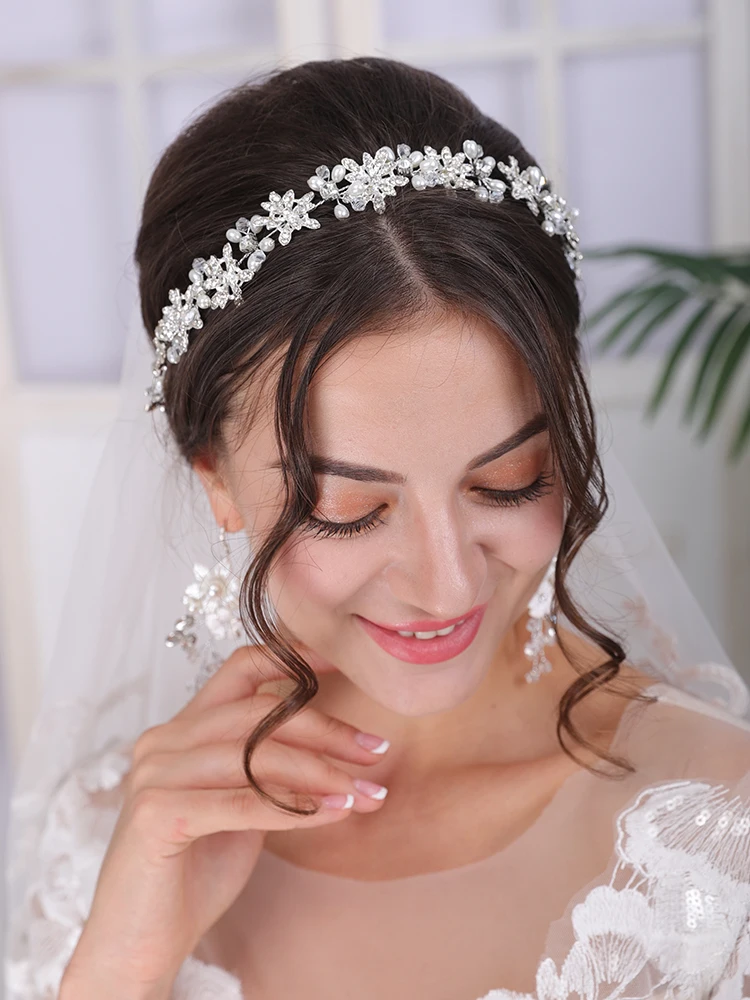 Hair Accessories Bridal Hair Accessories Bridal Jewelry Set Silver Tiara Rhinestone Pearl Headband