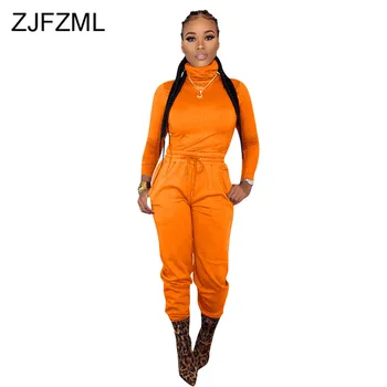 

Neon Green Orange Two Piece Outfits Women Clothes Turtleneck Long Sleeve Top And High Waist Long Pant Suit 2 Piece Matching Set