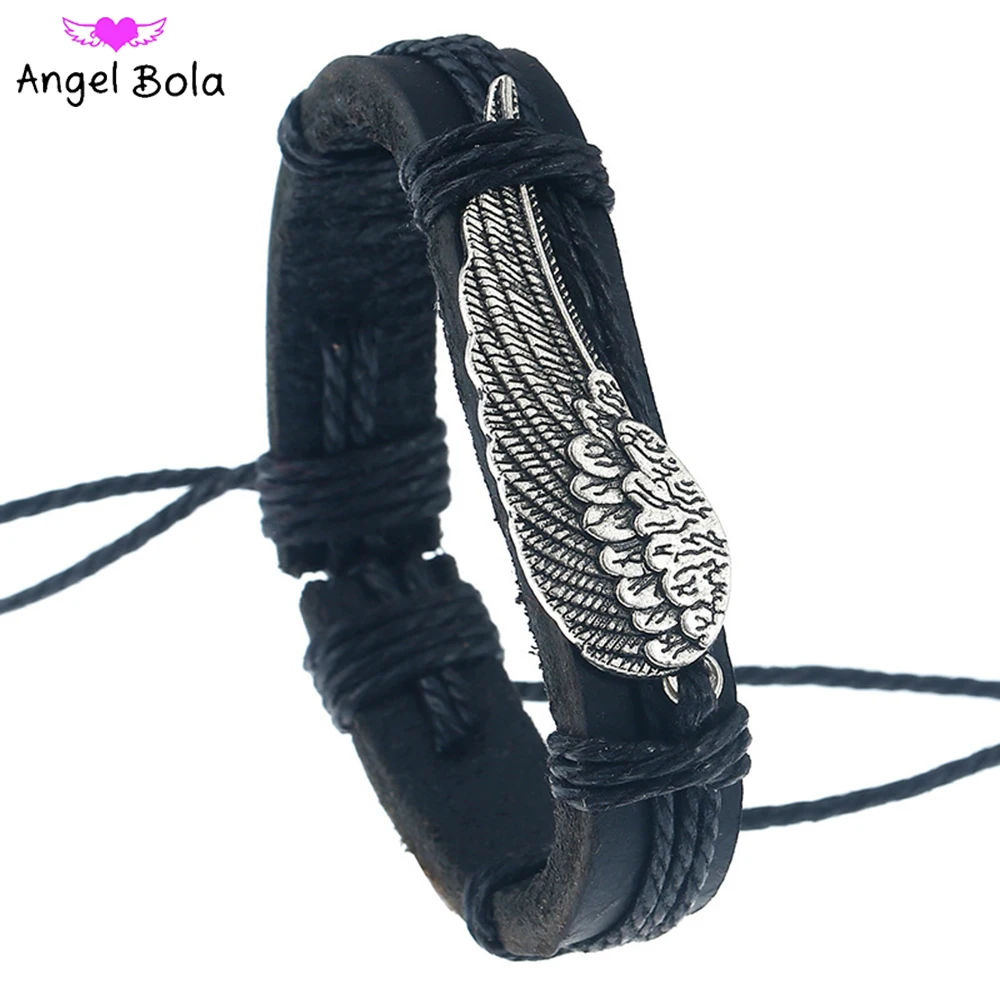 Best Selling Hand-woven Art Bracelet Retro Silver Wings Black Hand Rope Simple Men and Women Couple Leather Bracelets | Украшения и