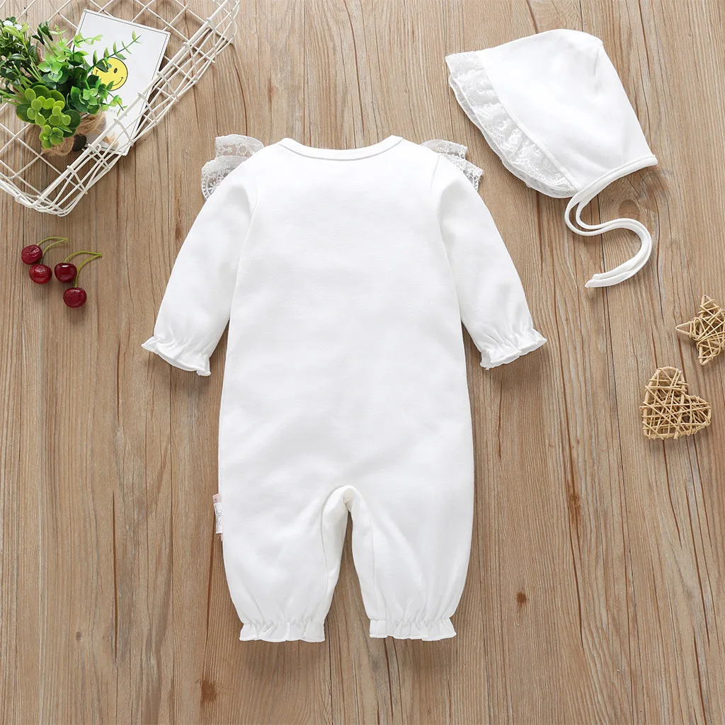 Newborn Infant Baby Girls Solid Ruffles Lace Romper Jumpsuit+Hat Outfits Sets O-Neck Long Sleeve Fashion Baby Girl Romper