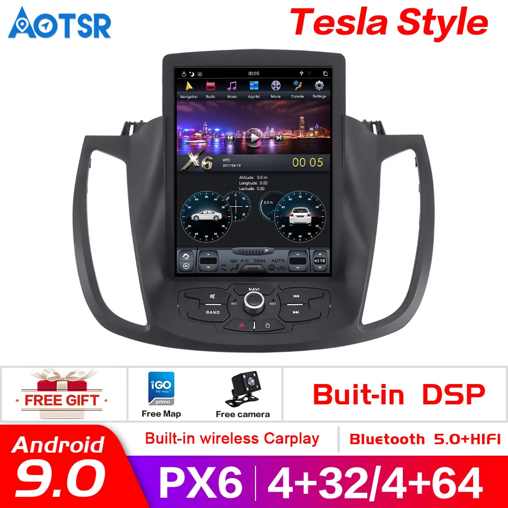 Автомобильная магнитола 10 4 дюймов Android 9 0 для Ford Kuga 2012-2017 4K Tesla Style 1092*1080 4G + 64G