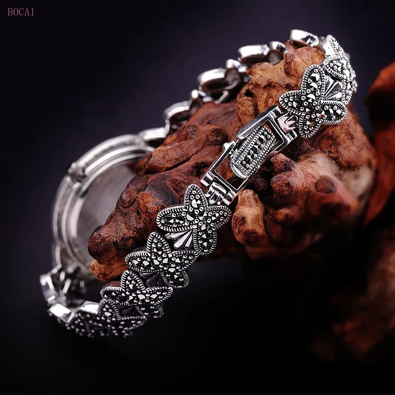 Серебро 925 пробы S925 Серебряные Браслеты для женщин стиль Модные ювелирные изделия ручной работы бабочка ретро часы браслеты