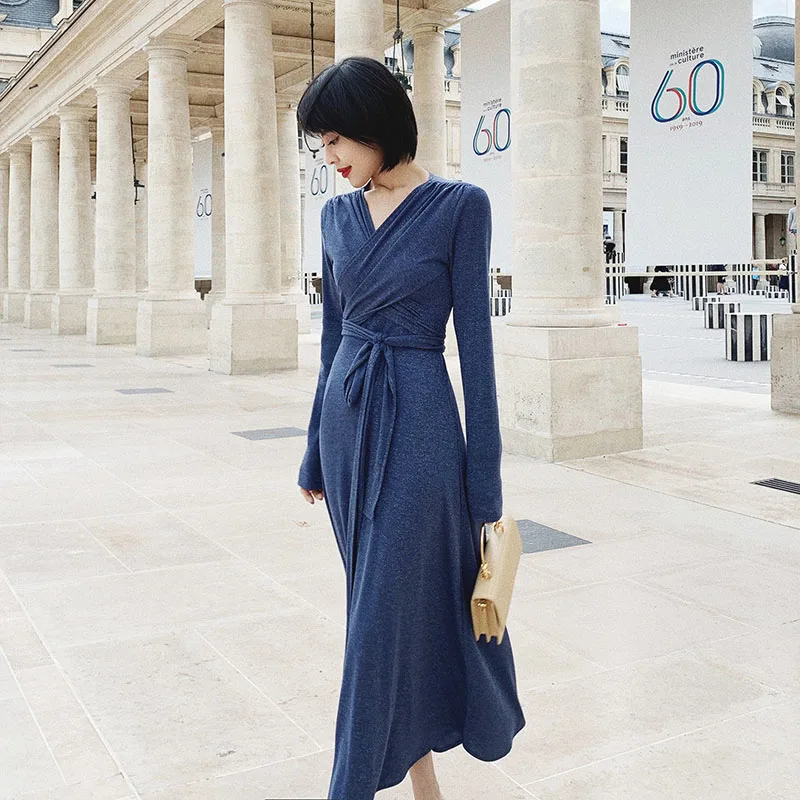 

2019 Autumn Winter Cross Strap Knitted Dress Elegant Ladies V neck Long Sleeve Dress Black Casual Lace up Female Maxi Vestido