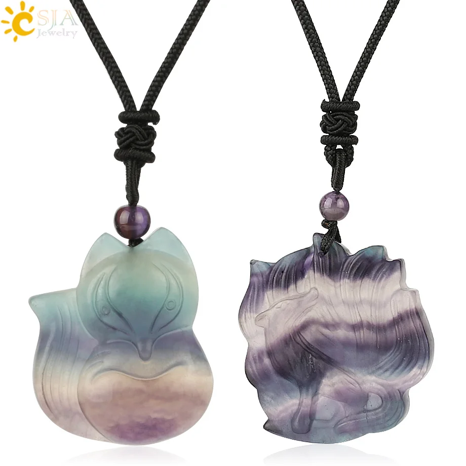 CSJA Natural Stone Fluorite Pendants& Necklaces Engraved Nine-tailed Fox Rose Flower Carved Reiki Lucky Pendant Women Men G286