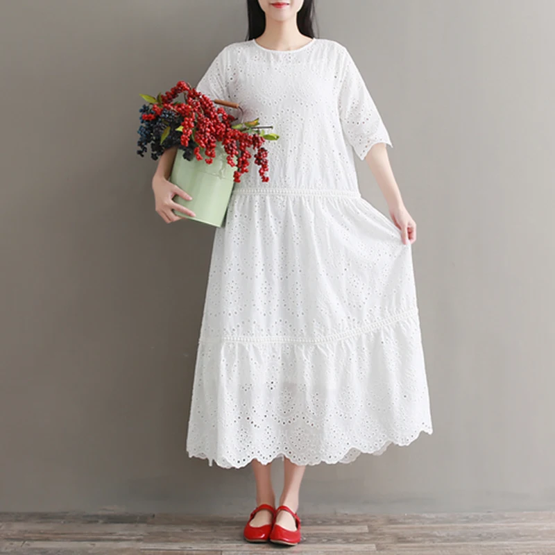 2019 Summer New Arts Style Women Short Sleeve White Long Dress Cotton Vintage Embroidery Loose A-line Top Quality S53 | Женская одежда