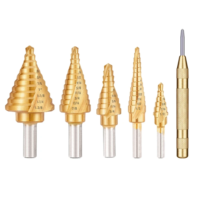 5PCS Titanium Spiral Grooved Step Drill Bit Set with Automatic Center Punch Unibit Drill Bits Set for Sheet Metal with Aluminum