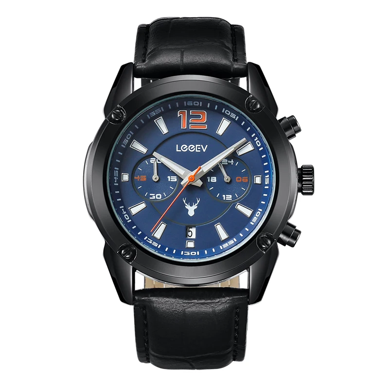 LeeEv мужской спортивный кожаный для часов военный хронограф светящийся Аналоговый кварцевые многофункциональные наручные часы для подарков - Цвет: SWA001D-Black-Blue