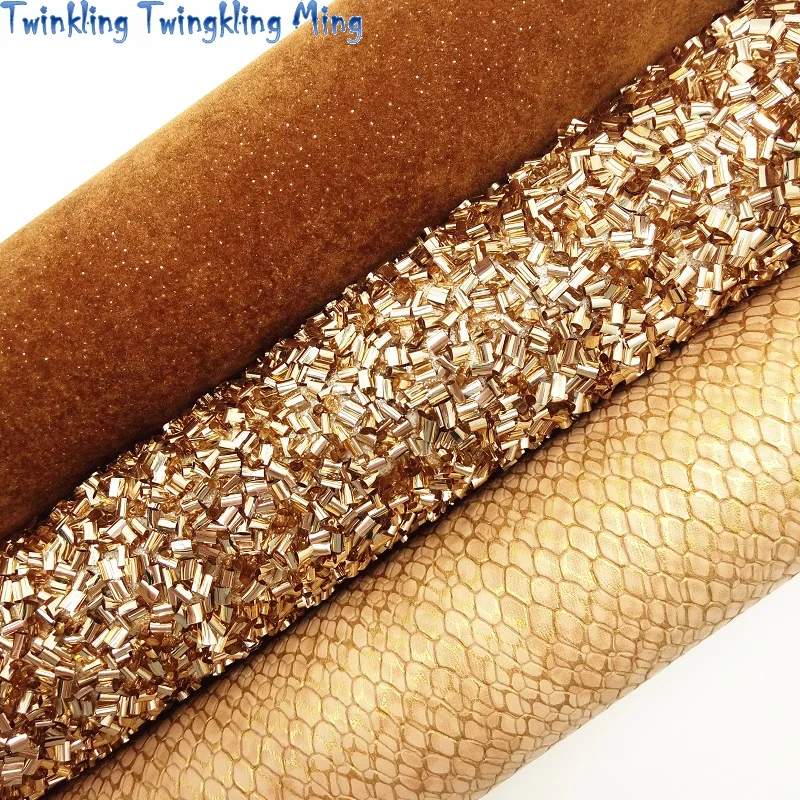 GOLD Glitter Fabric, Glitter Velvet Fabric Leather, Snake Synthetic Leather Sheets For Bow A4