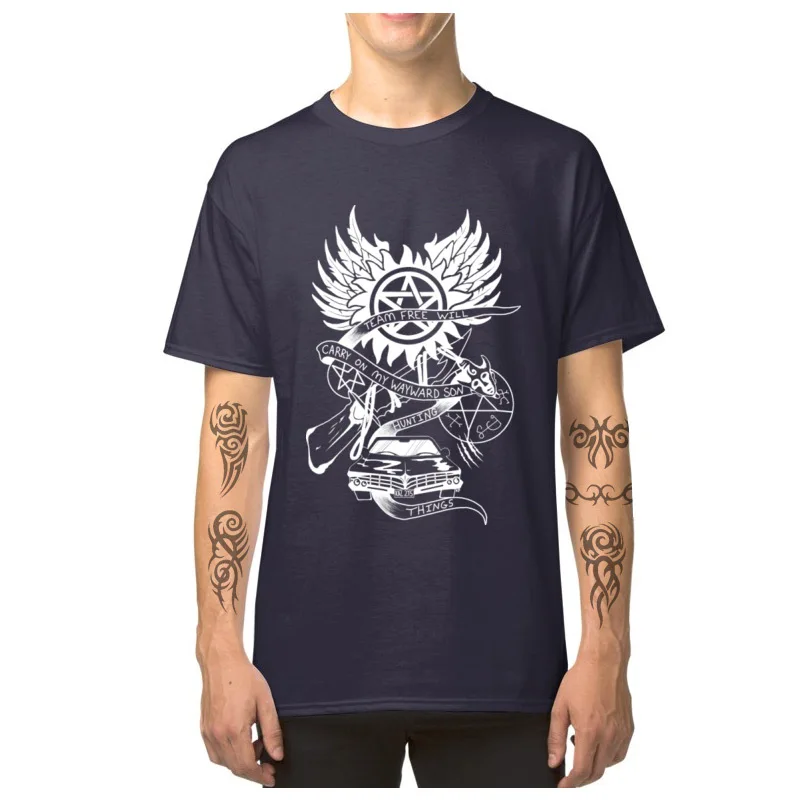 Carry_On_My_Wayward_Son_5741 T-shirts Camisa Short Sleeve Prevailing Crewneck 100% Cotton Tops Shirt T-Shirt for Men Autumn Carry_On_My_Wayward_Son_5741 navy
