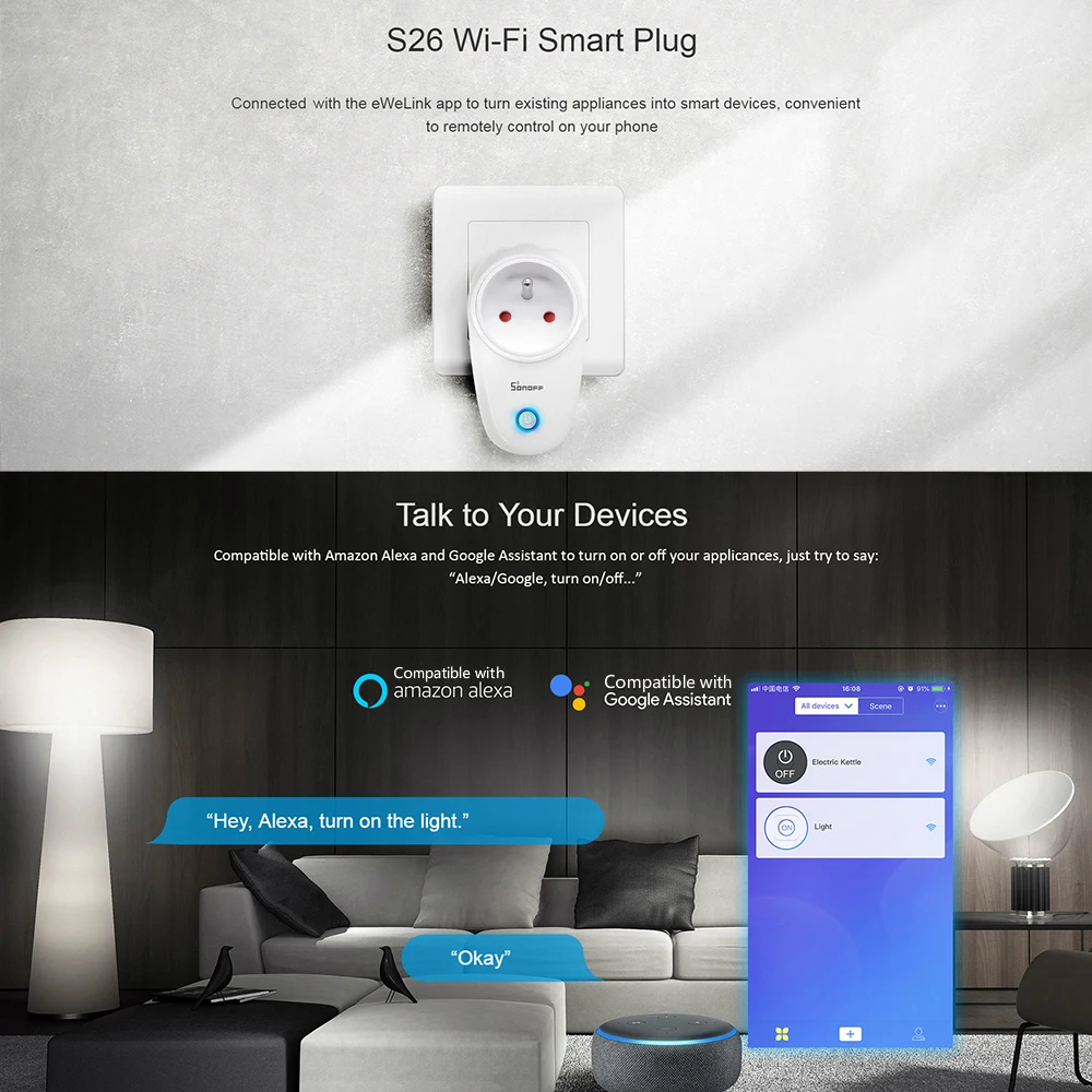 Sonoff S26 Wifi умная розетка для Alexa Google Android iOS домашняя Автоматизация переключатель синхронизации с беспроводным пультом дистанционного управления