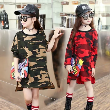 

2020 kids camouflage dresses for girls 4-14 years teen girl long sleeve casual sport Party dress Children's Cotton tracksuits