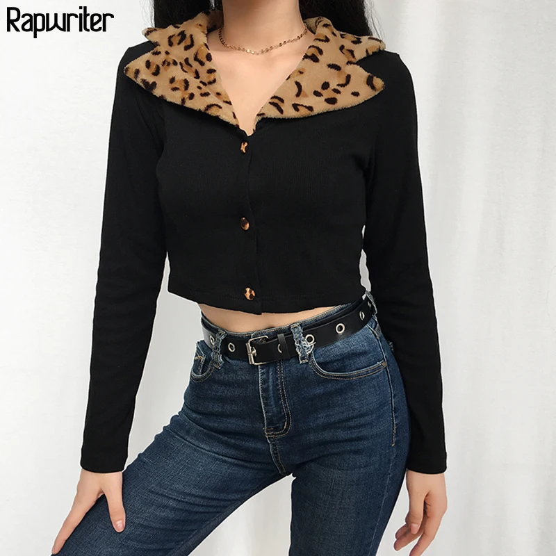 

Rapwriter Fashion Ribbon Patchwork Fur Turn-down Collar Leopard Jackets Women 2019 Autumn Outwear Long Sleeve Crop Button Coat