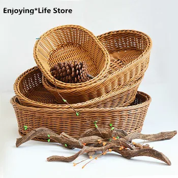 

Kitchen Storage Basket Oval Shape Handmade Rattan Fruit and Vegetable Display Basket Imitation Rattan Storage Basket