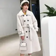 Корейские женские зимние теплые куртки из искусственного меха, отложной воротник, натуральная овчина, длинные шерстяные пальто, плюшевые толстые куртки