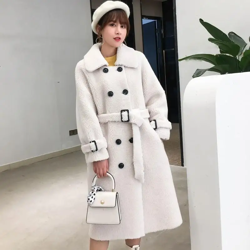 

Korea Women Winter Warm Faux Fur Jackets Turn Down Collar Natural Sheepskin Long Woolen Coats Plush Thick Jackets