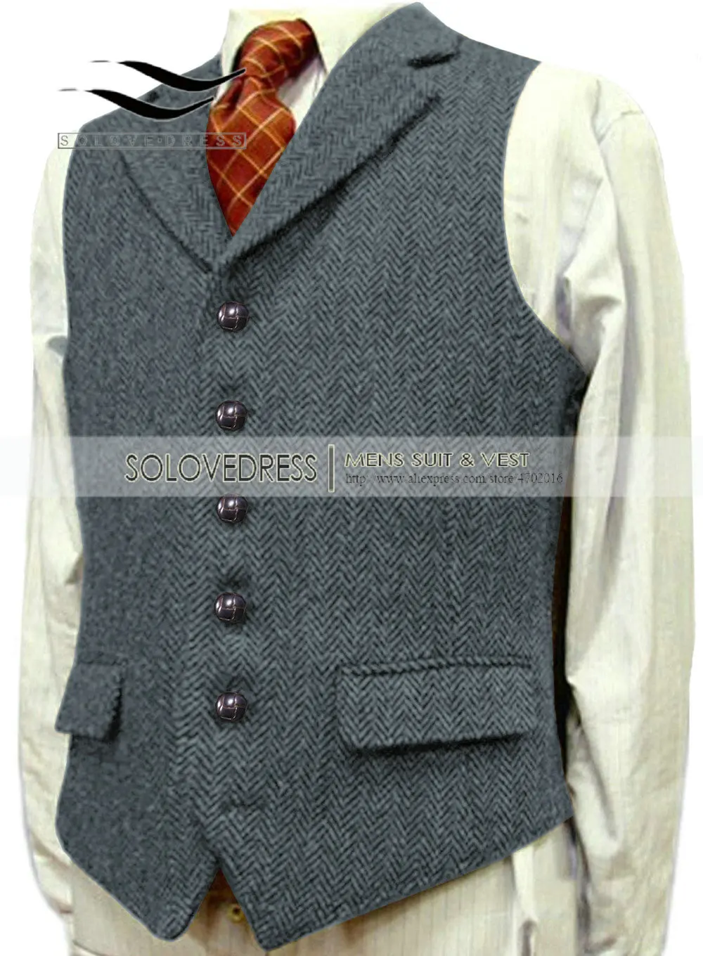 Men's Wool Tweed Vest Gentleman Herringbone Business Dress Vests For Wedding Groom