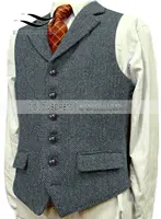 Men's Wool Tweed Slim Fit Leisure Cotton Suit Burgundy Vest Gentleman Herringbone Business Brown Waistcoat For Wedding Groom 2